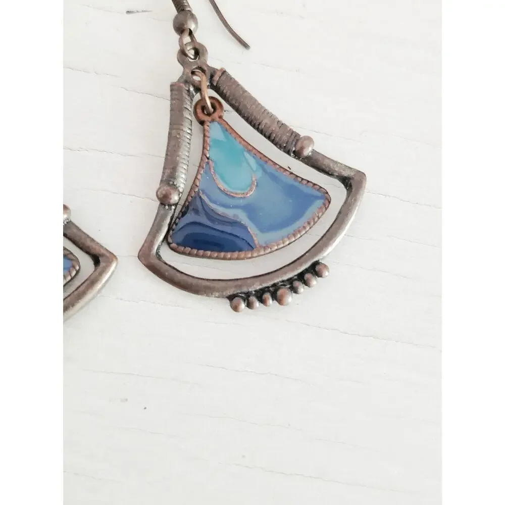 Vintage Silver-tone Blue Enamel Fan Dangle Earrings